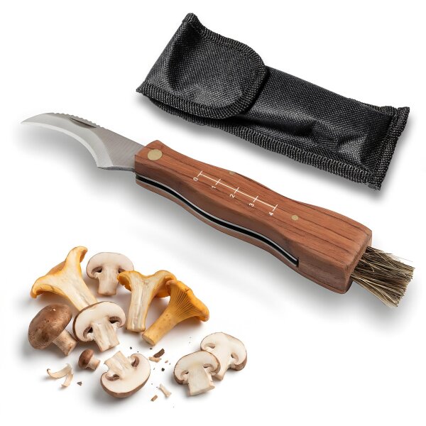 Pilzmesser mit Holzgriff (Lineal aufgezeichnet) inkl. weicher Bürste und Holster u. Gürtelschlaufe