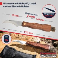 Pilzmesser mit Holzgriff (Lineal aufgezeichnet) inkl. weicher B&uuml;rste und Holster u. G&uuml;rtelschlaufe